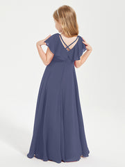 Delicate Chiffon Junior Bridesmaid Gown Flutter Sleeves V-neck Stormy