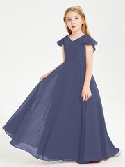 Delicate Chiffon Junior Bridesmaid Gown Flutter Sleeves V-neck Stormy