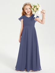 Delicate Chiffon Junior Bridesmaid Gown Flutter Sleeves V-neck Stormy
