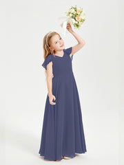 Delicate Chiffon Junior Bridesmaid Gown Flutter Sleeves V-neck Stormy