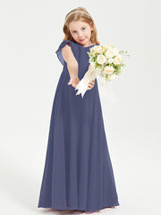 Delicate Chiffon Junior Bridesmaid Gown Flutter Sleeves V-neck Stormy