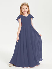 Delicate Chiffon Junior Bridesmaid Gown Flutter Sleeves V-neck Stormy