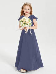 Delicate Chiffon Junior Bridesmaid Gown Flutter Sleeves V-neck Stormy