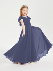 Delicate Chiffon Junior Bridesmaid Gown Flutter Sleeves V-neck Stormy