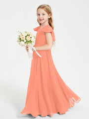 Delicate Chiffon Junior Bridesmaid Gown Flutter Sleeves V-neck Sunset