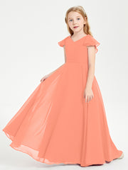 Delicate Chiffon Junior Bridesmaid Gown Flutter Sleeves V-neck Sunset