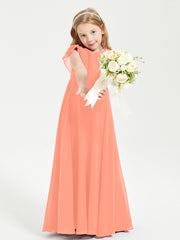 Delicate Chiffon Junior Bridesmaid Gown Flutter Sleeves V-neck Sunset