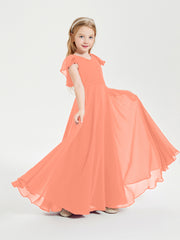 Delicate Chiffon Junior Bridesmaid Gown Flutter Sleeves V-neck Sunset