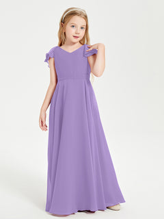 Delicate Chiffon Junior Bridesmaid Gown Flutter Sleeves V-neck Tahiti