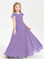 Delicate Chiffon Junior Bridesmaid Gown Flutter Sleeves V-neck Tahiti