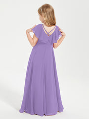 Delicate Chiffon Junior Bridesmaid Gown Flutter Sleeves V-neck Tahiti