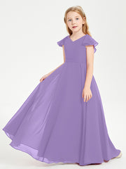 Delicate Chiffon Junior Bridesmaid Gown Flutter Sleeves V-neck Tahiti