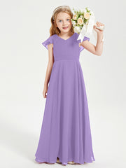Delicate Chiffon Junior Bridesmaid Gown Flutter Sleeves V-neck Tahiti