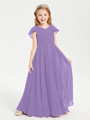 Delicate Chiffon Junior Bridesmaid Gown Flutter Sleeves V-neck Tahiti