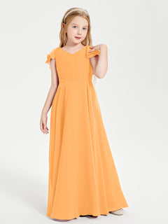 Delicate Chiffon Junior Bridesmaid Gown Flutter Sleeves V-neck Tangerine