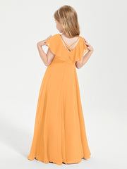 Delicate Chiffon Junior Bridesmaid Gown Flutter Sleeves V-neck Tangerine