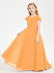 Delicate Chiffon Junior Bridesmaid Gown Flutter Sleeves V-neck Tangerine