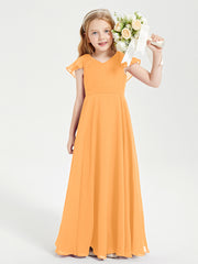 Delicate Chiffon Junior Bridesmaid Gown Flutter Sleeves V-neck Tangerine