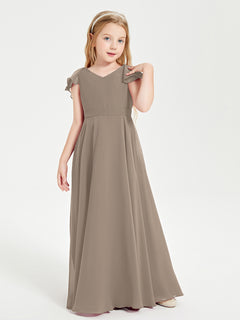 Delicate Chiffon Junior Bridesmaid Gown Flutter Sleeves V-neck Taupe