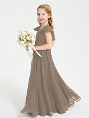 Delicate Chiffon Junior Bridesmaid Gown Flutter Sleeves V-neck Taupe
