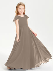 Delicate Chiffon Junior Bridesmaid Gown Flutter Sleeves V-neck Taupe