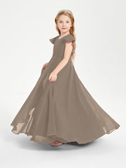 Delicate Chiffon Junior Bridesmaid Gown Flutter Sleeves V-neck Taupe
