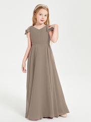 Delicate Chiffon Junior Bridesmaid Gown Flutter Sleeves V-neck Taupe