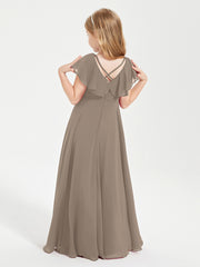 Delicate Chiffon Junior Bridesmaid Gown Flutter Sleeves V-neck Taupe