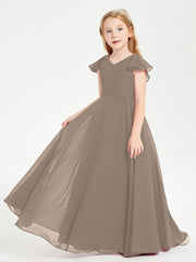 Delicate Chiffon Junior Bridesmaid Gown Flutter Sleeves V-neck Taupe
