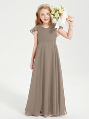 Delicate Chiffon Junior Bridesmaid Gown Flutter Sleeves V-neck Taupe