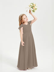 Delicate Chiffon Junior Bridesmaid Gown Flutter Sleeves V-neck Taupe