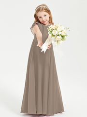 Delicate Chiffon Junior Bridesmaid Gown Flutter Sleeves V-neck Taupe