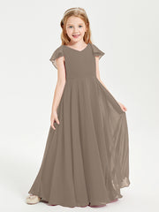Delicate Chiffon Junior Bridesmaid Gown Flutter Sleeves V-neck Taupe