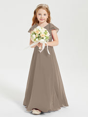 Delicate Chiffon Junior Bridesmaid Gown Flutter Sleeves V-neck Taupe