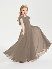 Delicate Chiffon Junior Bridesmaid Gown Flutter Sleeves V-neck Taupe