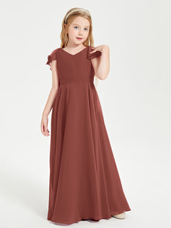 Delicate Chiffon Junior Bridesmaid Gown Flutter Sleeves V-neck Terracotta