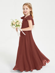 Delicate Chiffon Junior Bridesmaid Gown Flutter Sleeves V-neck Terracotta