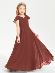 Delicate Chiffon Junior Bridesmaid Gown Flutter Sleeves V-neck Terracotta