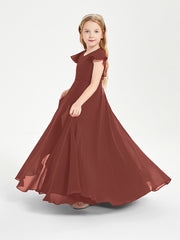 Delicate Chiffon Junior Bridesmaid Gown Flutter Sleeves V-neck Terracotta