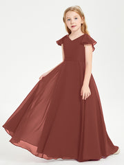 Delicate Chiffon Junior Bridesmaid Gown Flutter Sleeves V-neck Terracotta