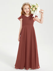 Delicate Chiffon Junior Bridesmaid Gown Flutter Sleeves V-neck Terracotta