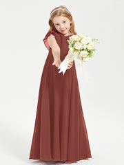 Delicate Chiffon Junior Bridesmaid Gown Flutter Sleeves V-neck Terracotta