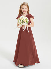 Delicate Chiffon Junior Bridesmaid Gown Flutter Sleeves V-neck Terracotta