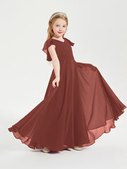 Delicate Chiffon Junior Bridesmaid Gown Flutter Sleeves V-neck Terracotta