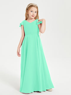 Delicate Chiffon Junior Bridesmaid Gown Flutter Sleeves V-neck Turquoise