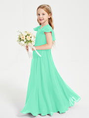 Delicate Chiffon Junior Bridesmaid Gown Flutter Sleeves V-neck Turquoise