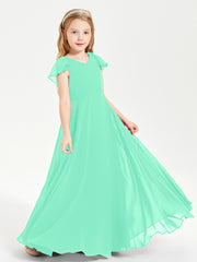 Delicate Chiffon Junior Bridesmaid Gown Flutter Sleeves V-neck Turquoise