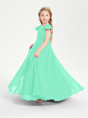 Delicate Chiffon Junior Bridesmaid Gown Flutter Sleeves V-neck Turquoise