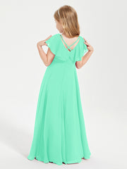 Delicate Chiffon Junior Bridesmaid Gown Flutter Sleeves V-neck Turquoise