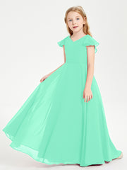 Delicate Chiffon Junior Bridesmaid Gown Flutter Sleeves V-neck Turquoise